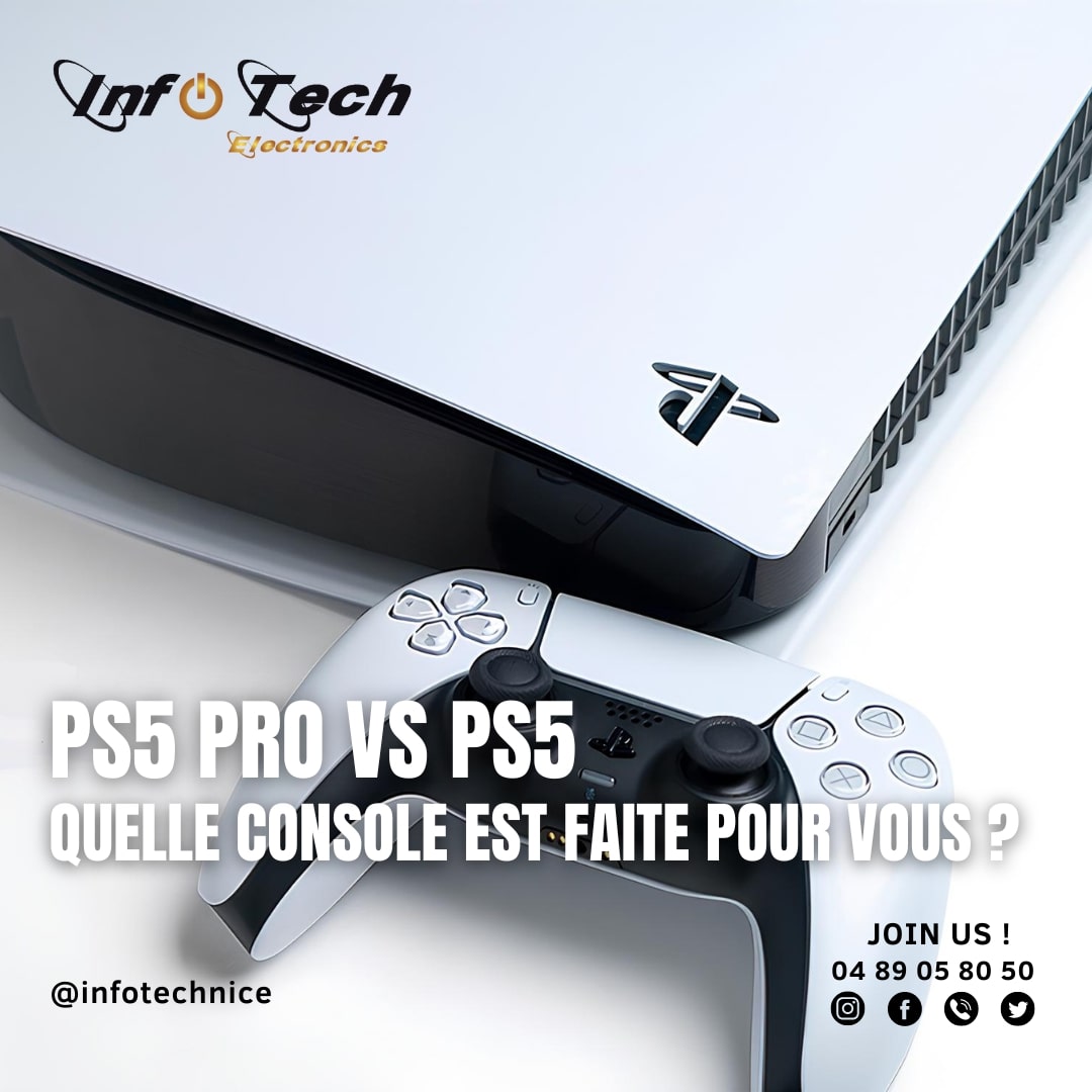 Une image comparant la PS5 Pro et la PS5 standard. L'image montre les deux consoles côte à côte, avec un tableau répertoriant leurs principales différences.