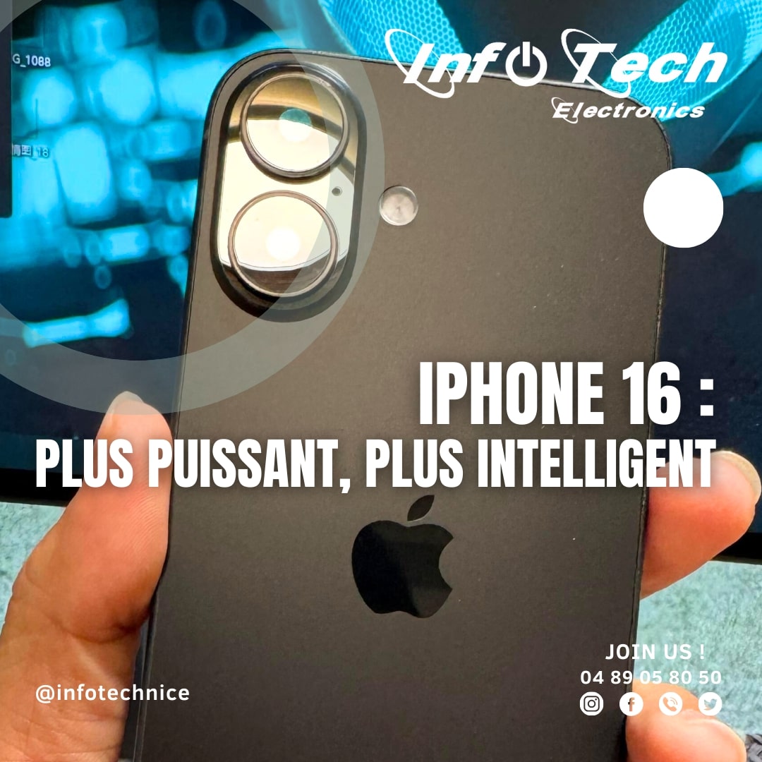 Gros plan sur le dos d'un iPhone 16 noir. Le module photo double est mis en évidence, ainsi que le logo Apple. Le slogan publicitaire "iPhone 16 : Plus puissant, plus intelligent" accompagne l'image